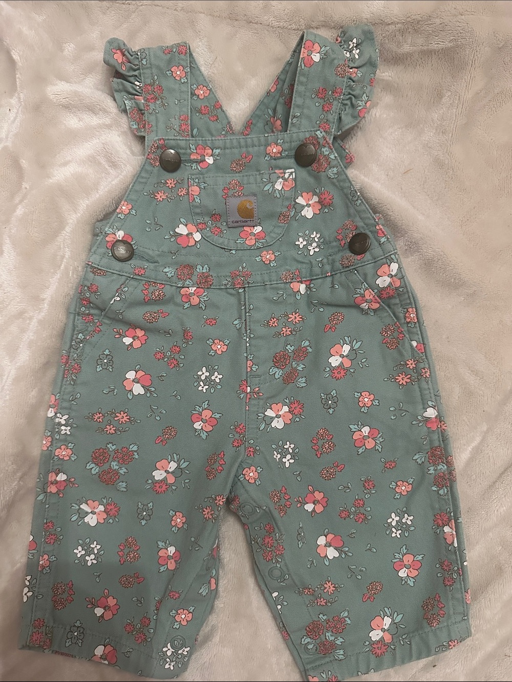 Carhartt Floral Teal Green Girls' Overalls with Pink and White Blossoms